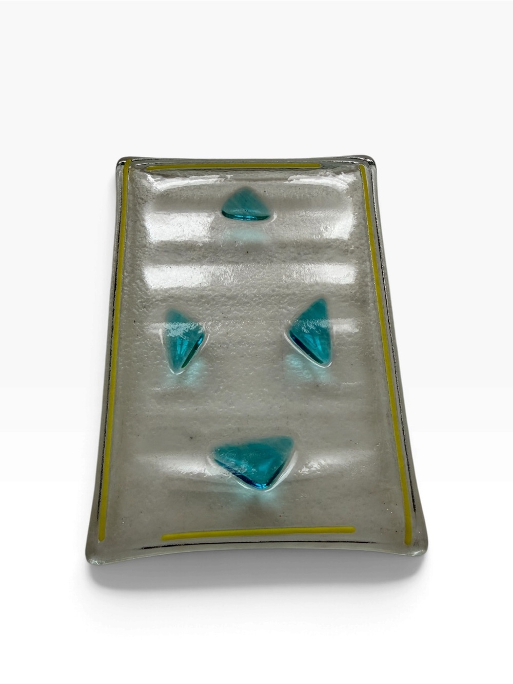Handcrafted art glass in clear, yellow and turquoise trinket or soap dish